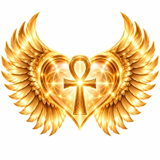 Golden winged heart with an Egyptian ankh