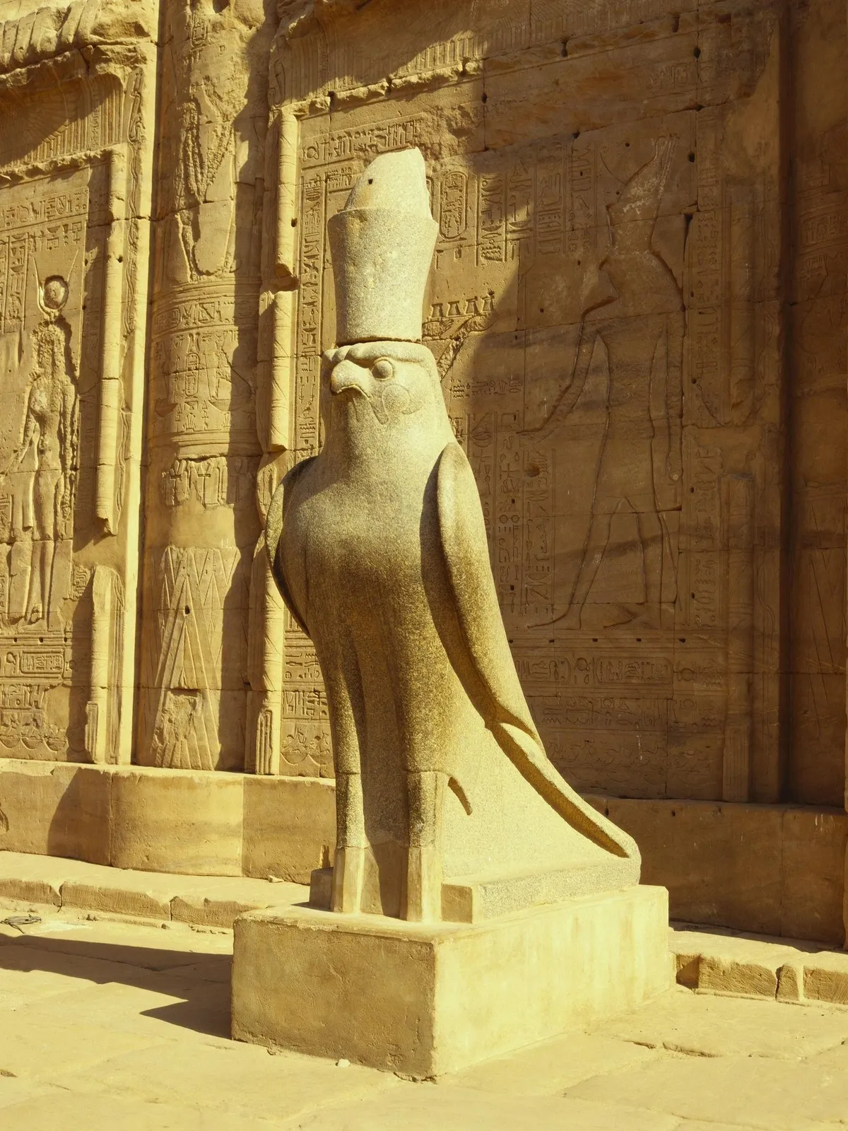 The statue of Horus before the carved walls of Edfu Temple