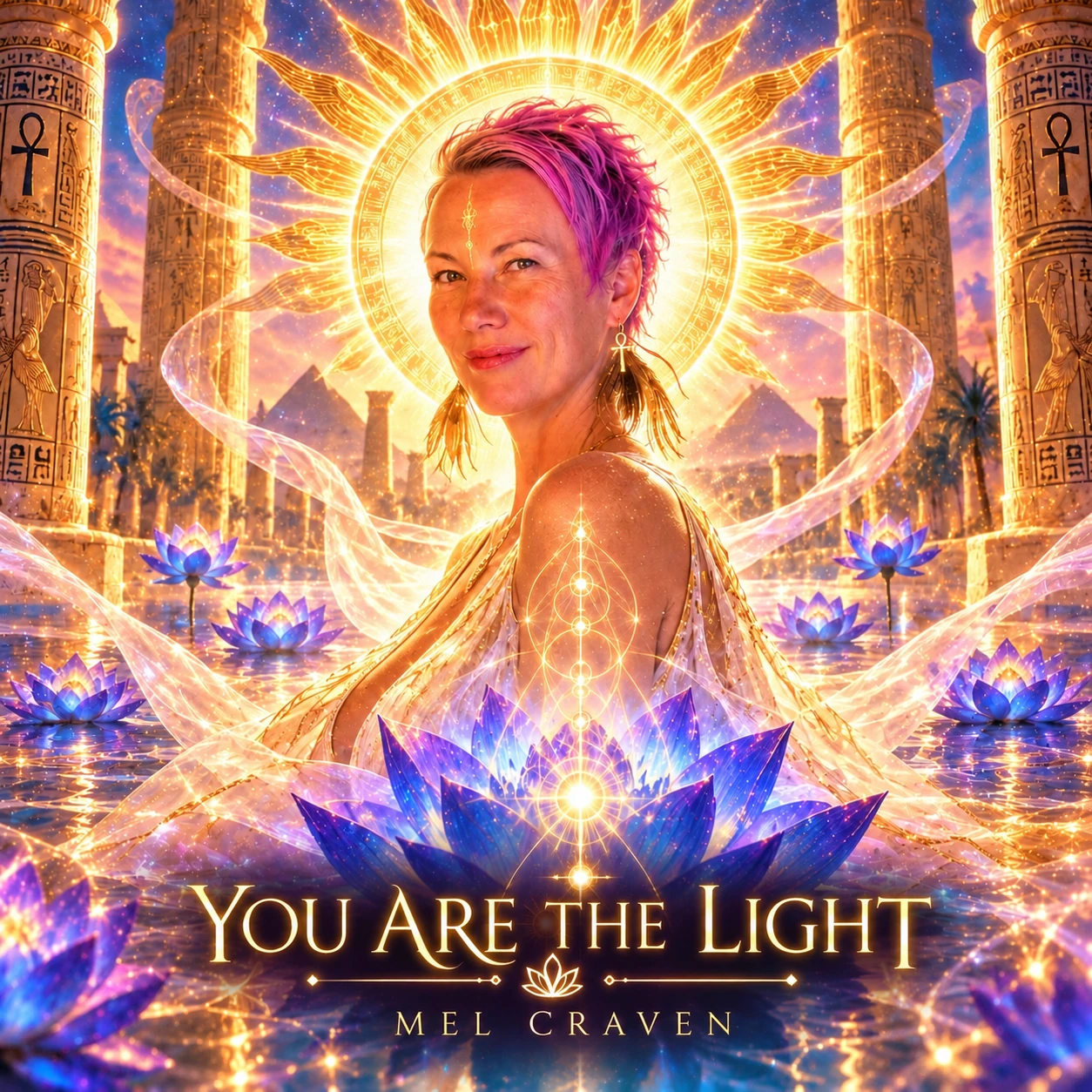 Mel Craven surrounded by golden Egyptian temple light and violet lotuses — You Are the Light