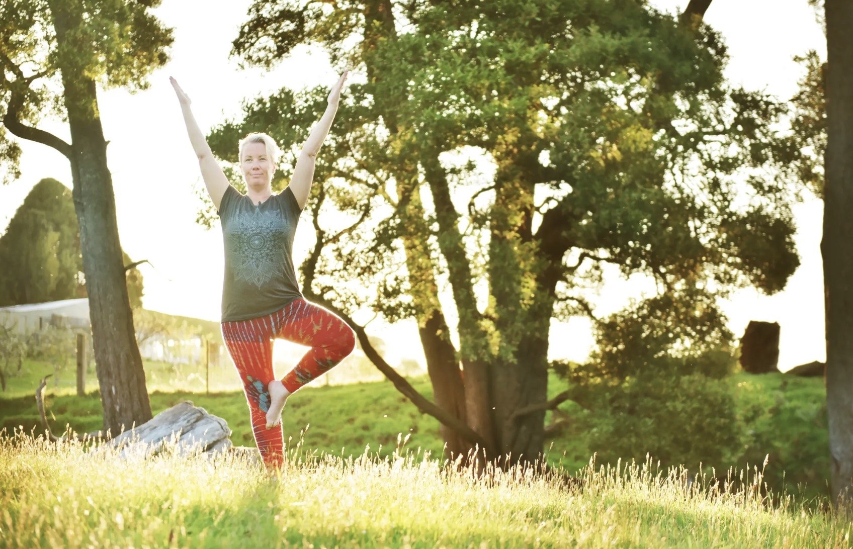 Mel balancing in tree pose in golden sunlight